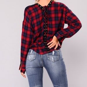 ✨ Lace Up Back Surplice Plaid Top